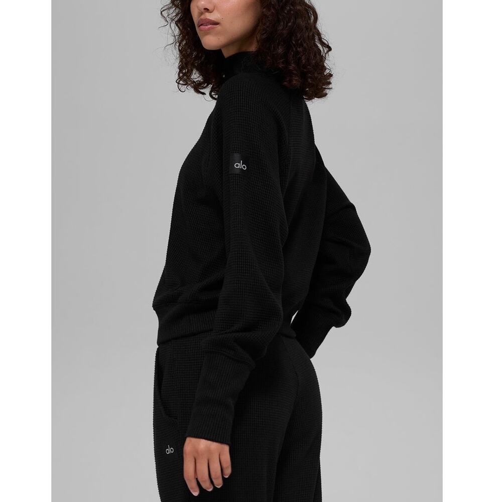 Alo Yoga Waffle Weekend Escape Mock Neck Long Sleeve Black Size Large